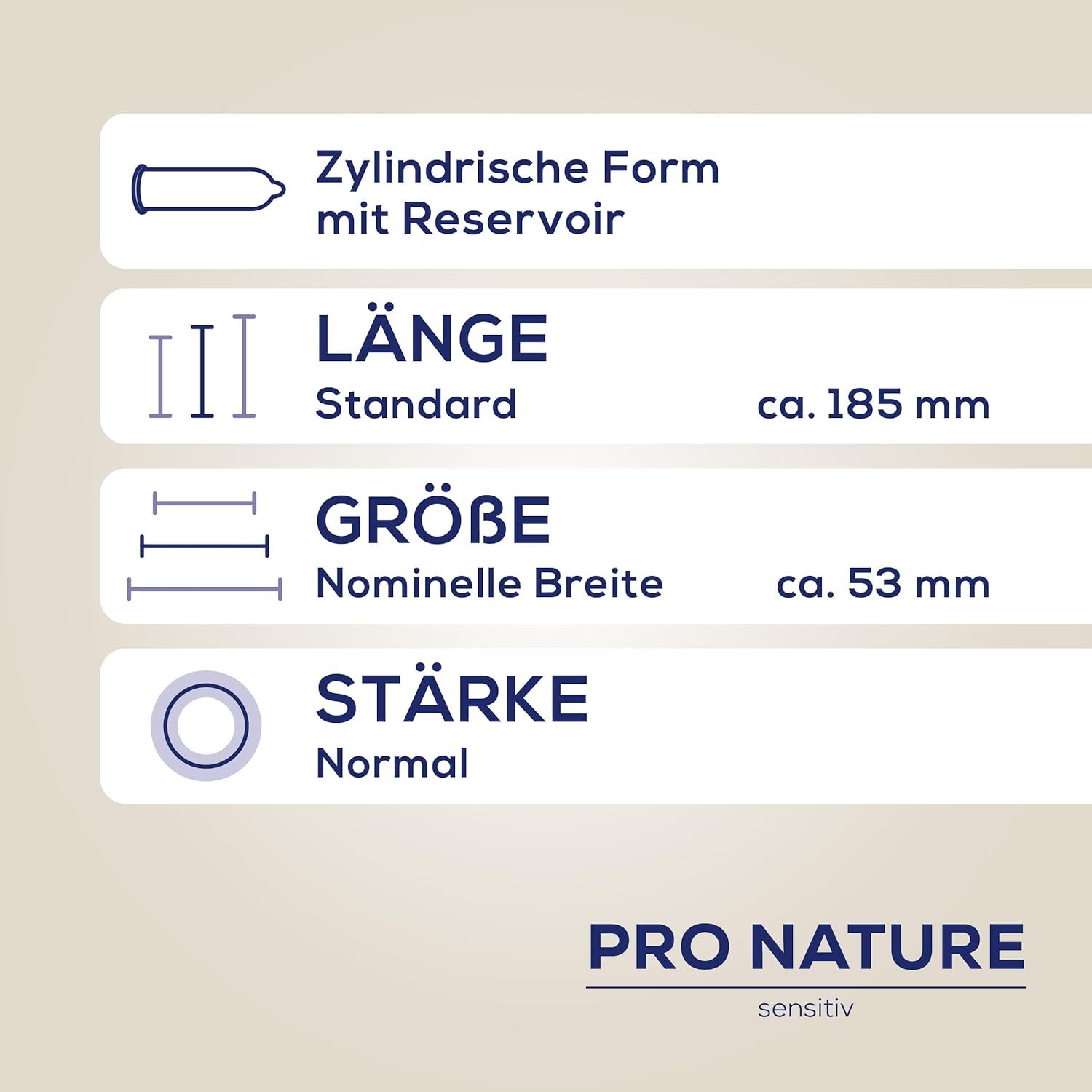 Infographie avec informations sur le produit : forme cylindrique, longueur env. 185 mm, taille env. 53 mm, épaisseur normale. Nom du produit : Pro Nature sensitiv.