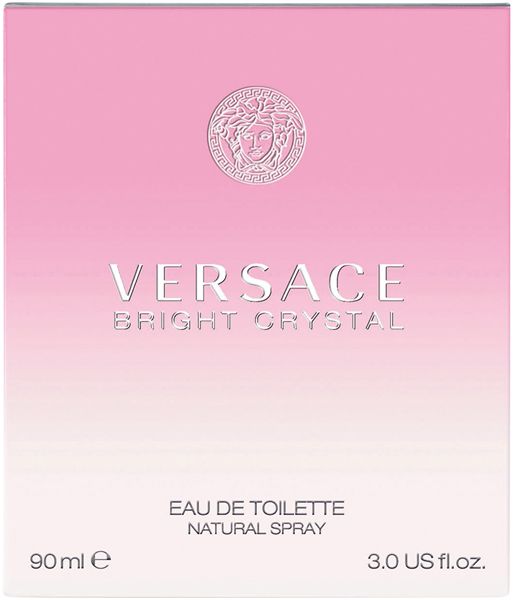 Roze verpakking met logo en opschrift Versace Bright Crystal. Eau de Toilette Natural Spray.