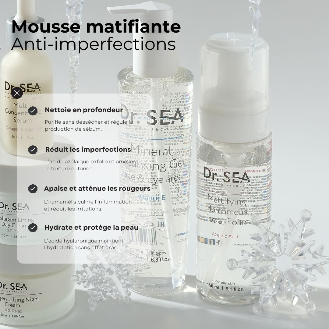 Flacon transparent avec pompe blanche. Inscription : Dr. SEA, Mattifying Hamamelis Facial Foam, Azelaic Acid.