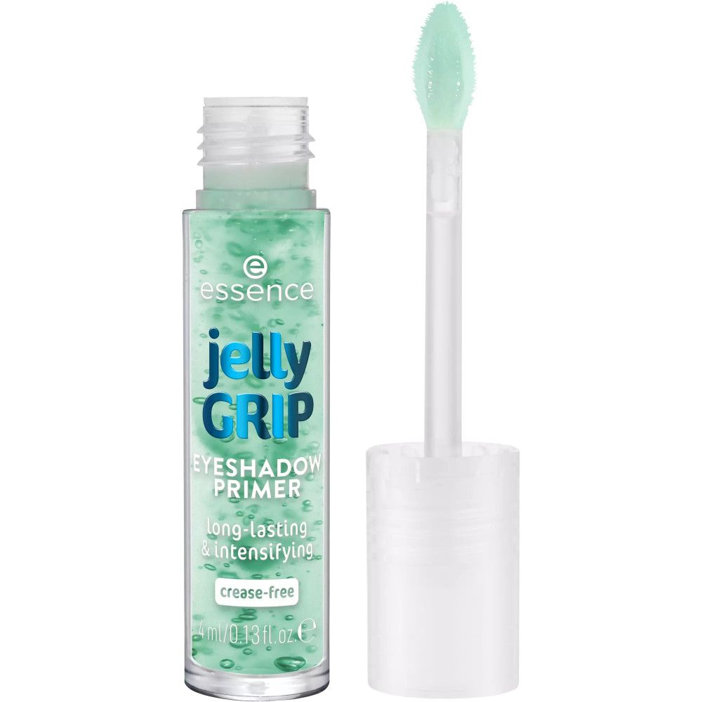Base de fard à paupières Essence Jelly Grip en flacon de verre avec applicateur. Gel vert, flacon transparent, bouchon blanc. Texte : Jelly Grip, Eyeshadow Primer.