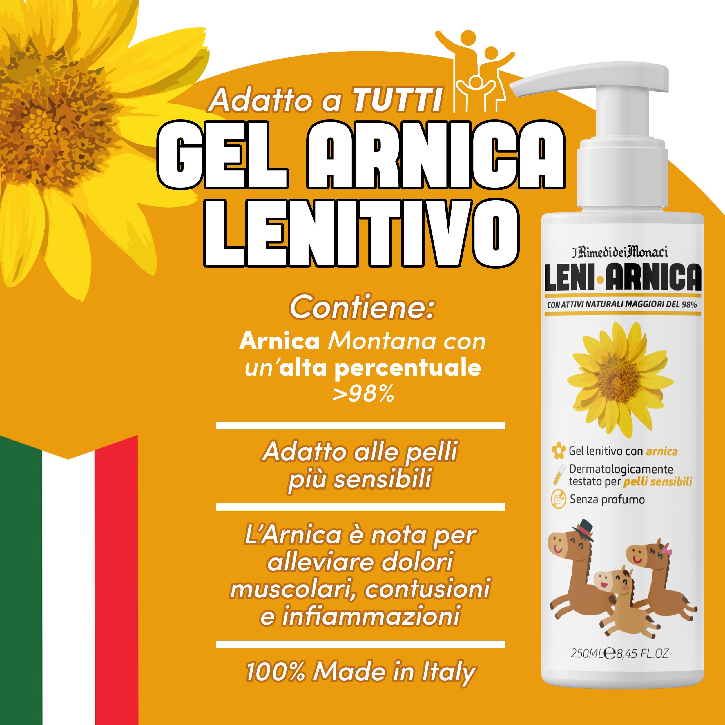 Arnica gel fles met geel etiket. Bevat Arnica Montana. Geschikt voor de gevoelige huid. 100% Made in Italy.
