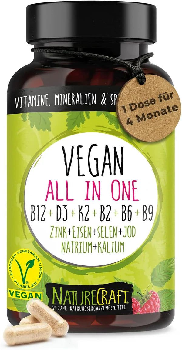 Flacon en verre brun avec gélules NatureCraft Vegan All-In-One. Contient vitamines et minéraux. Avec label V-Label Vegan.
