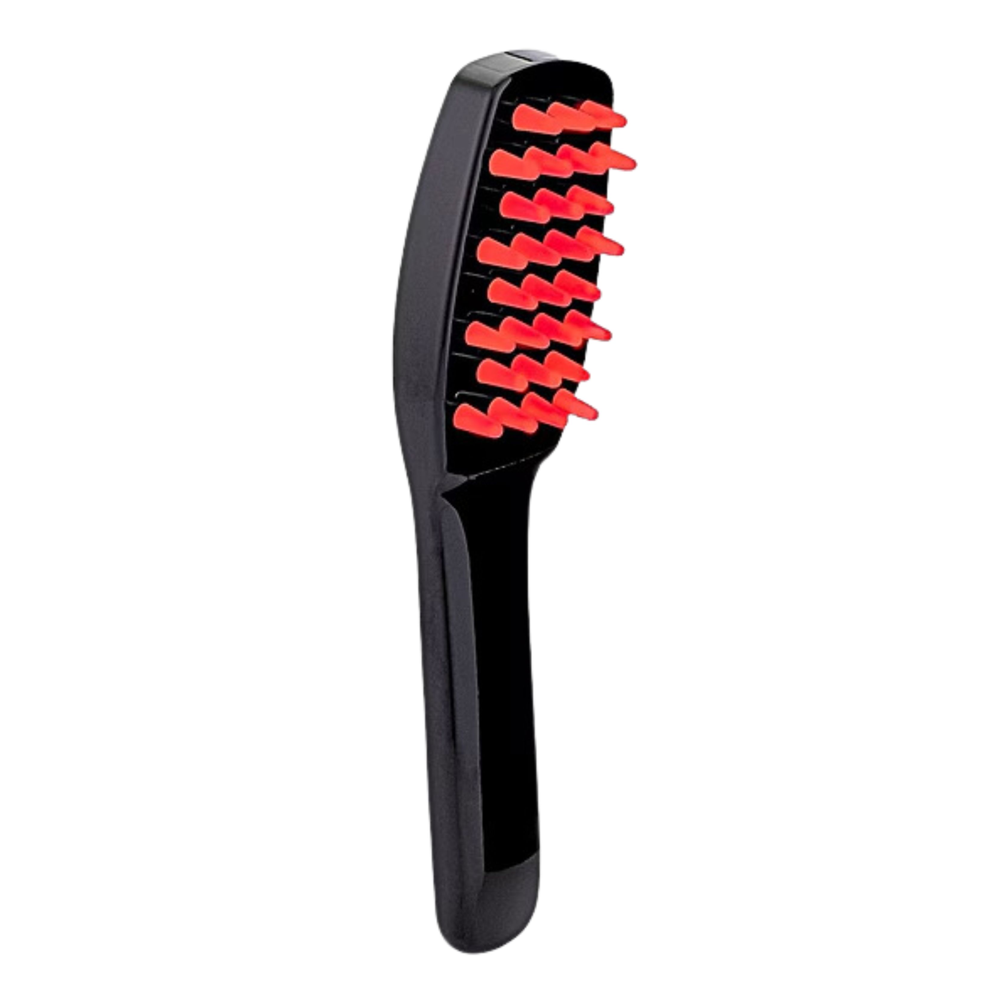 Brosse à cheveux noire avec picots rouges. Vue de côté.