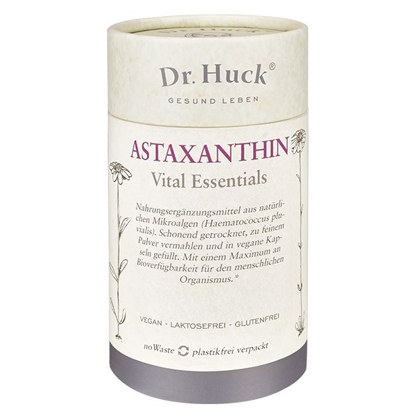 Cilindrische verpakking met etiket. Opschrift: Dr. Huck Astaxanthin Vital Essentials. Vegan, lactosevrij, glutenvrij. noWaste plasticvrij verpakt.