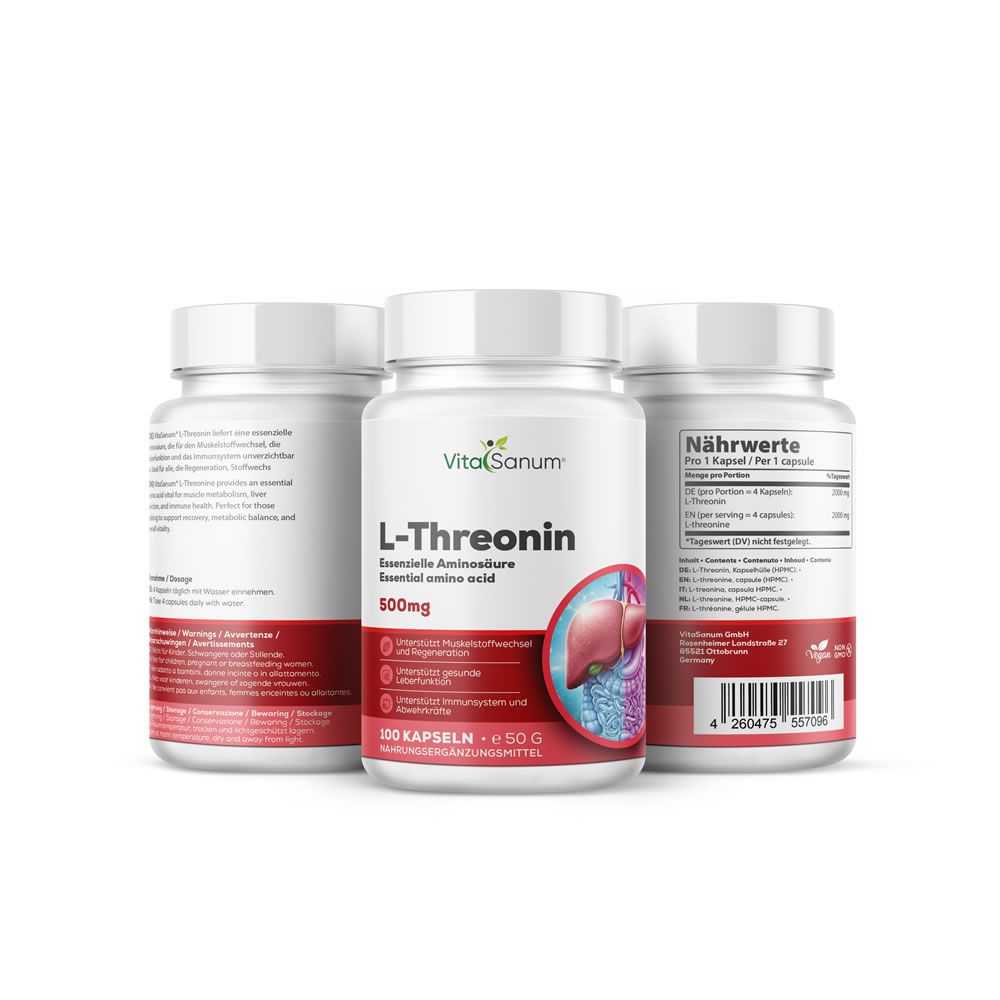 VitaSanum L-Thréonine Gélules: Trois contenants, 100 gélules de 50g chacun. Avec informations nutritionnelles et illustration du foie.