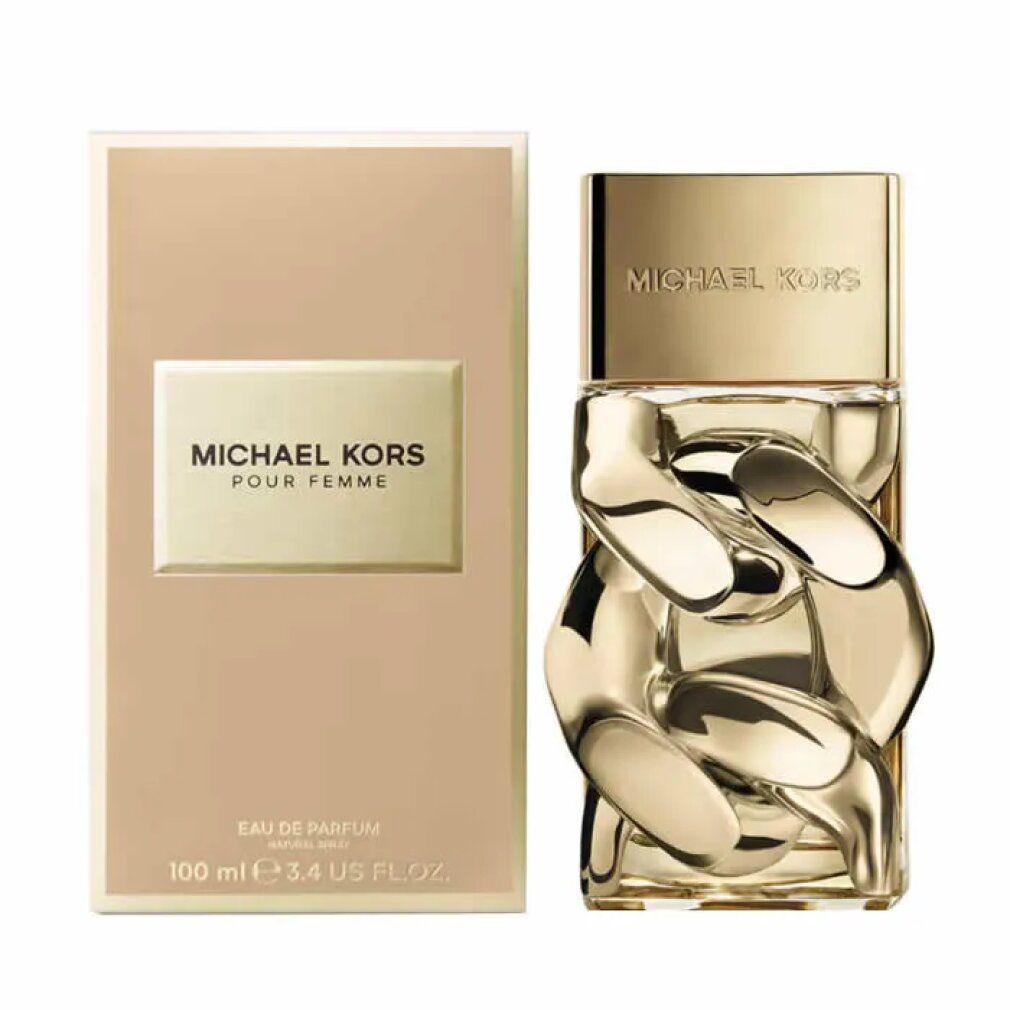 Michael Kors Pour Femme Eau de Parfum fles en doos. Gouden fles met kettingontwerp.