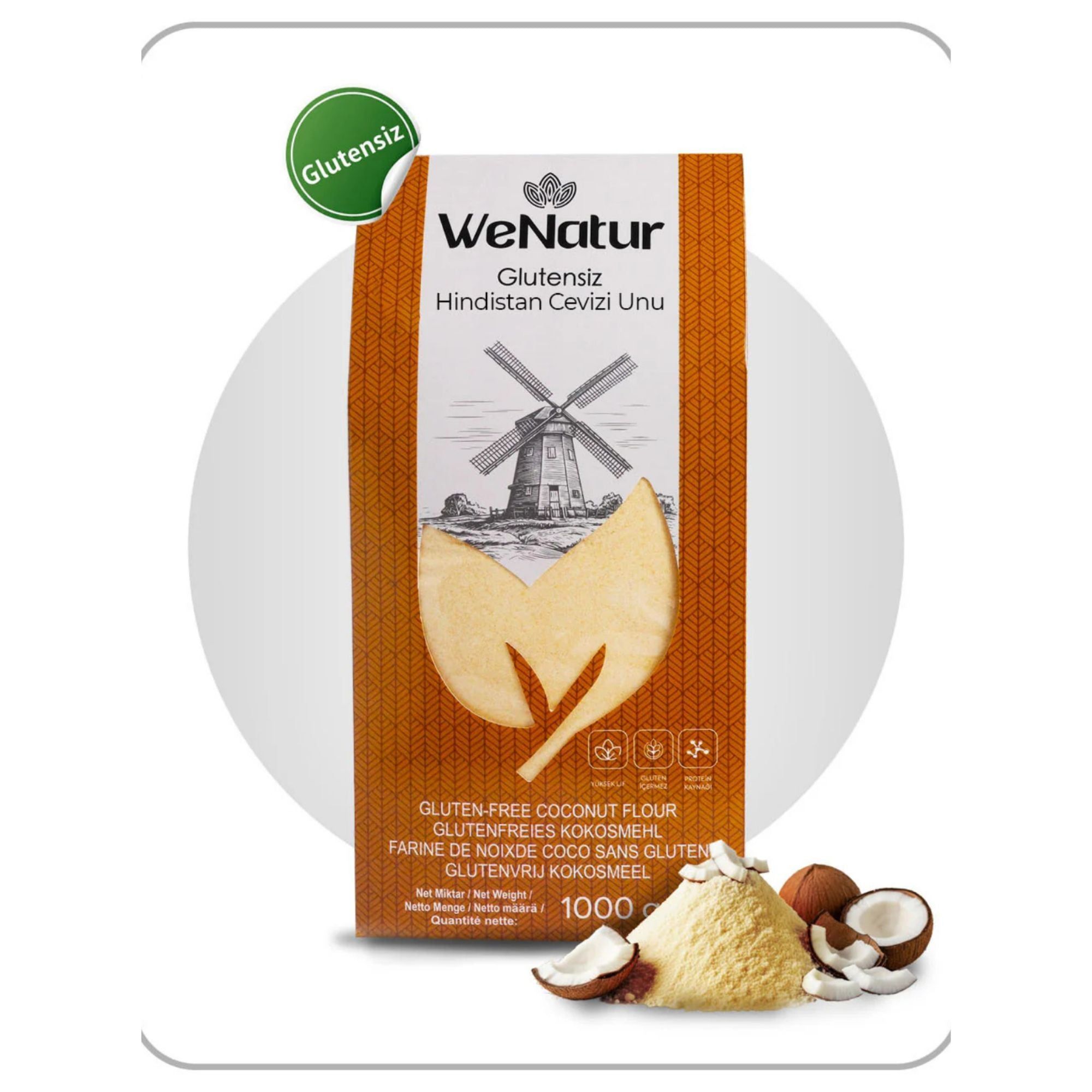 Paquet de farine de coco sans gluten avec sceau vert "Sans Gluten" et morceaux de coco.