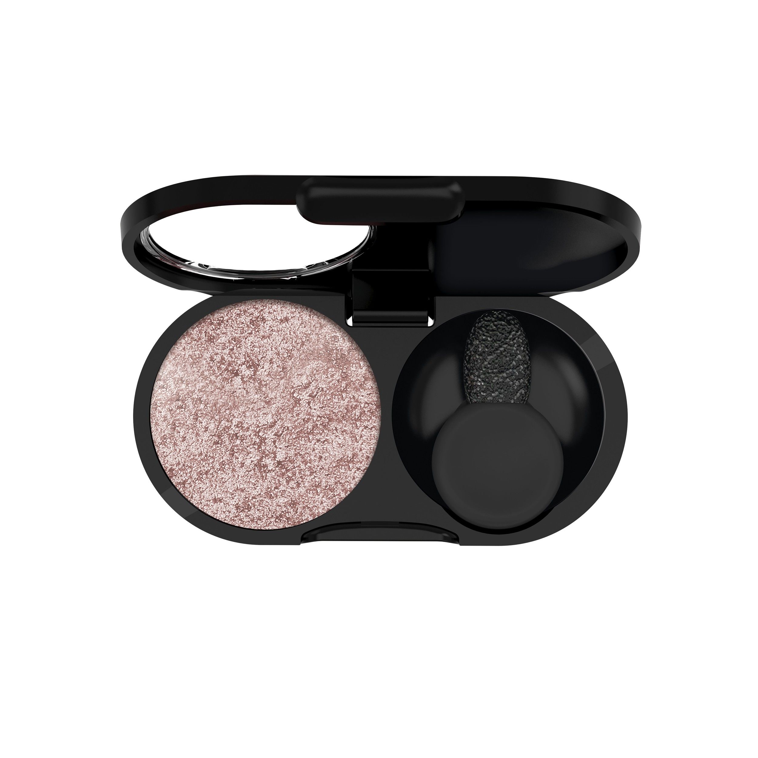 Oogschaduw duo in zwarte verpakking met applicator en roze oogschaduw.
