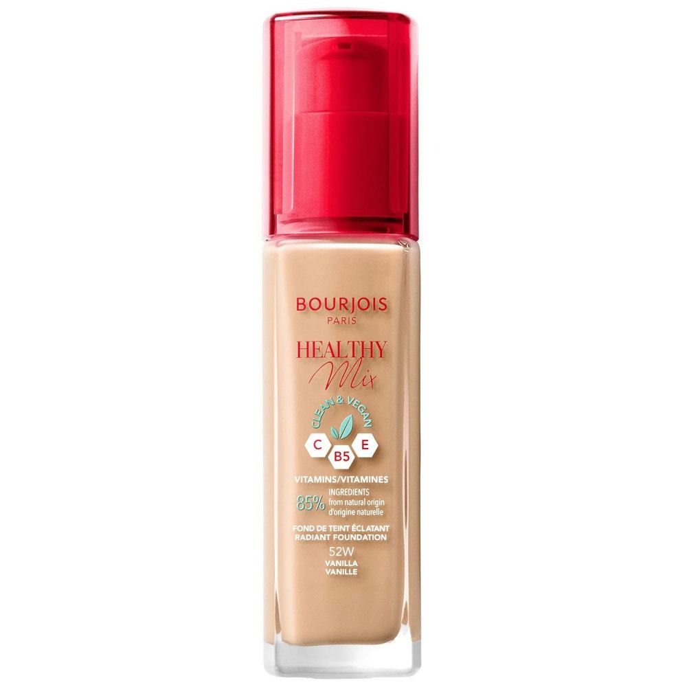 Flacon de fond de teint Bourjois Healthy Mix. Liquide beige, bouchon pompe rouge. Inscription: Healthy Mix, Vitamines.