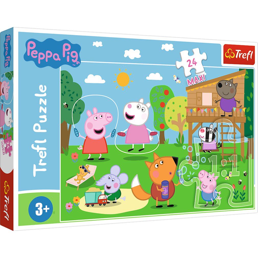 Puzzeldoos Pz. Maxi Peppa Pig 24T. Afbeelding van Peppa Pig en vrienden in de tuin. Trefl logo, leeftijd 3+.