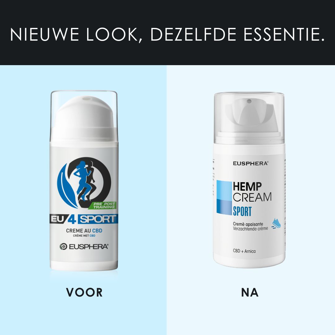 Twee producttubes. Tekst: NIEUWE LOOK, DEZELFDE ESSENTIE. Voor: EU4 SPORT. Na: HEMP CREAM SPORT.