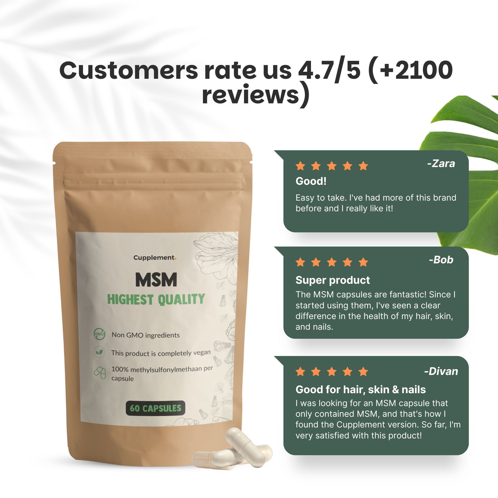 Sachet de gélules MSM. Texte : Cupplement, MSM, Highest Quality, 60 gélules. Avis clients. Deux gélules à côté.