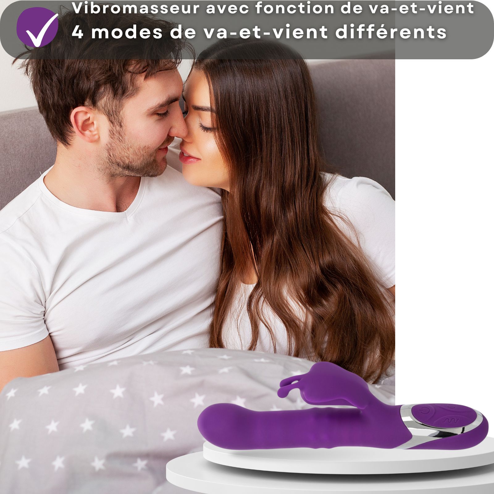 Vibrateur violet avec texte. Texte: Mouvements de haut en bas, 25 cm de long. Illustrations.