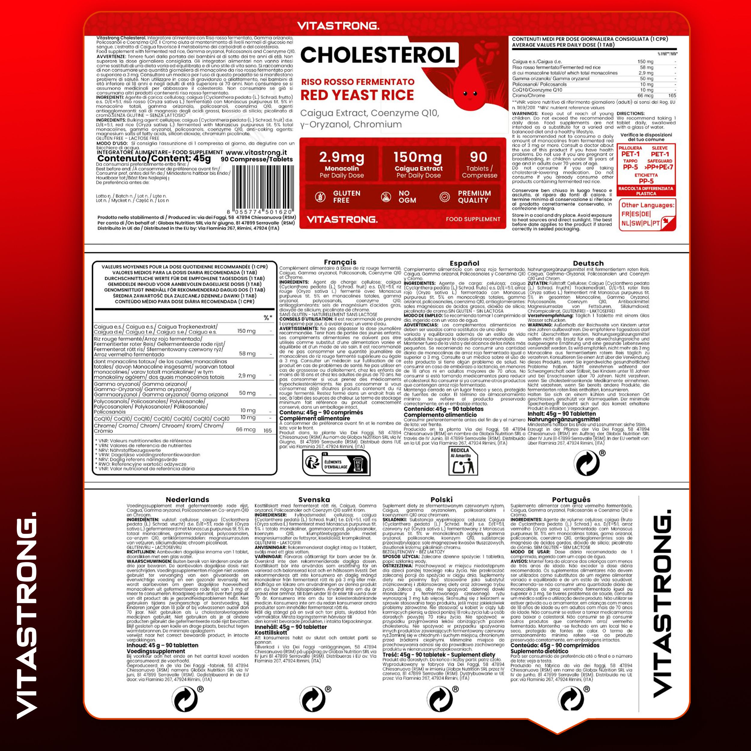 Productverpakking met informatie in verschillende talen. Bevat informatie over ingrediënten, dosering en waarschuwingen.