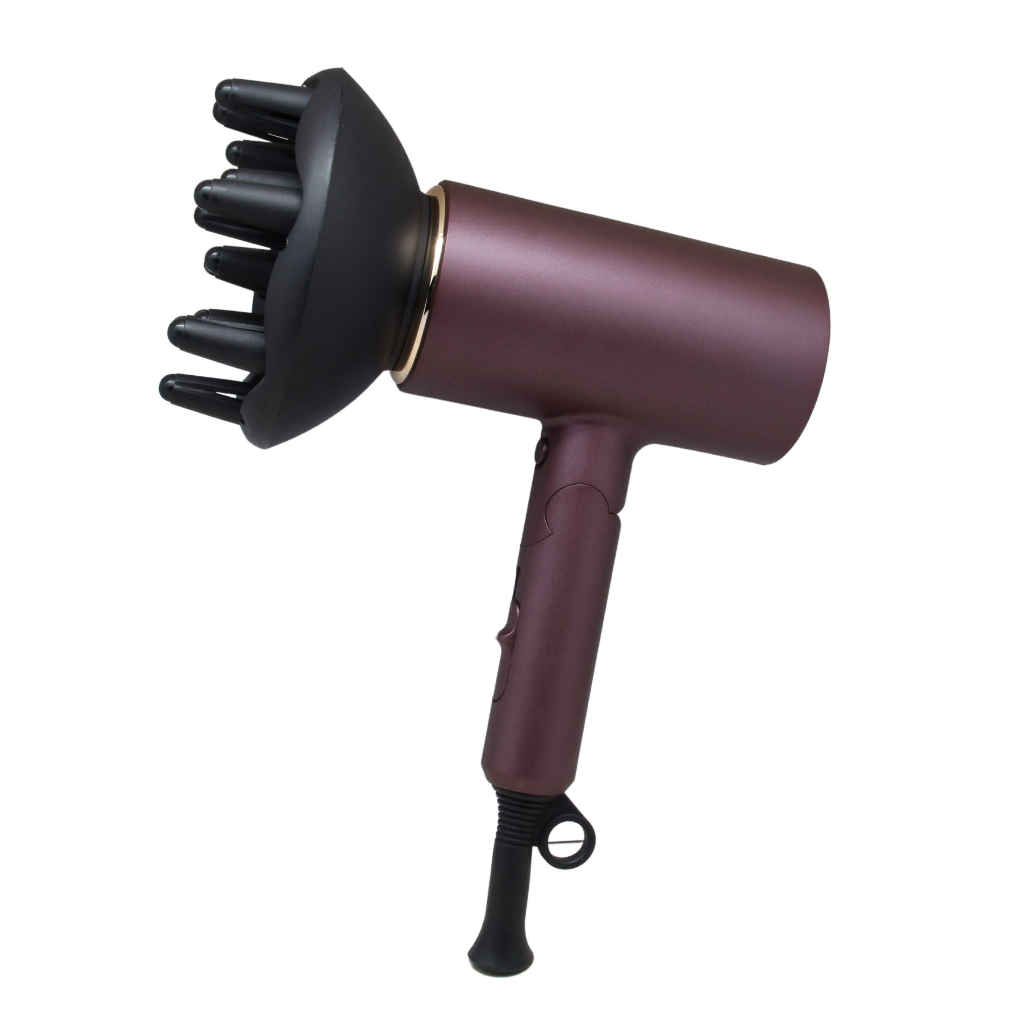 Pruimkleurige föhn met zwarte diffuser. Ophanglus op handvat.