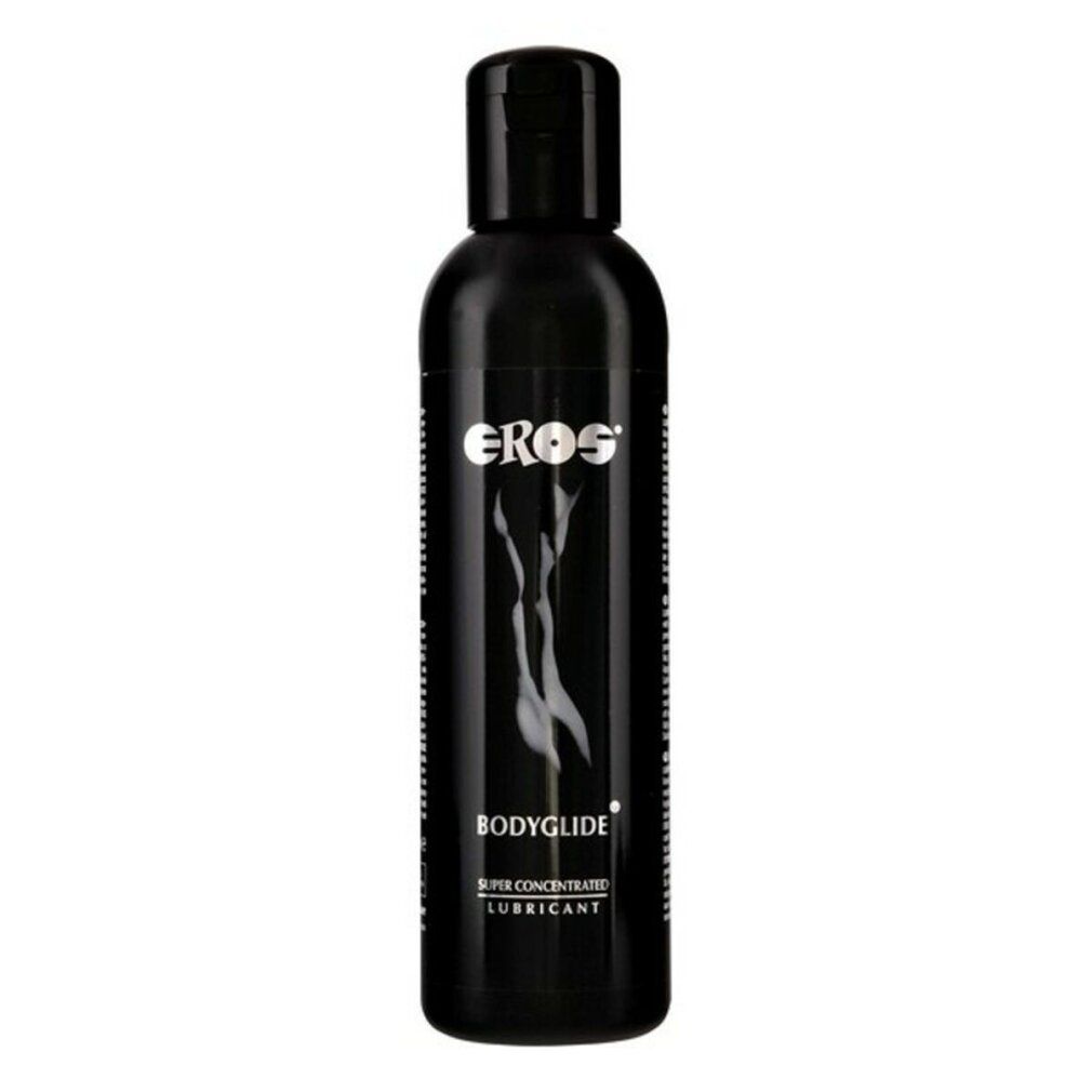 Flacon noir avec EROS Bodyglide Super Concentrated Lubricant. Logo argenté et silhouette stylisée.