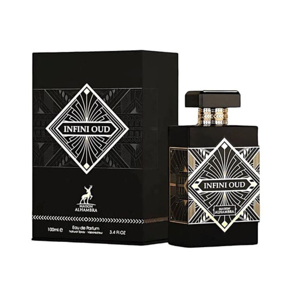 Flacon et boîte de parfum noirs. Inscription "INFINI OUD" et "MAISON ALHAMBRA". Détails dorés.