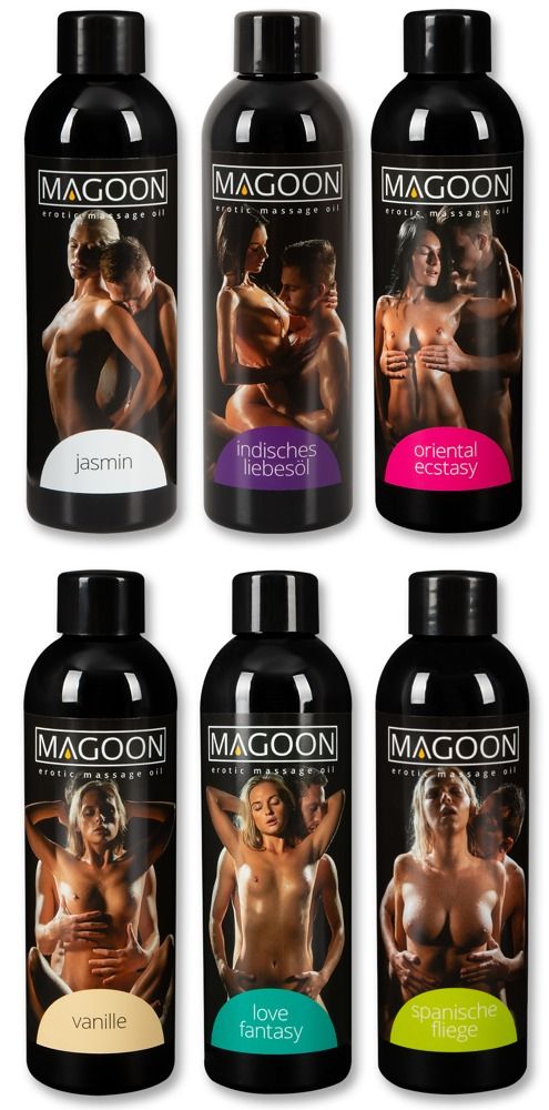 Zes flessen Magoon erotische massageolie met diverse geuren zoals jasmijn en vanille.