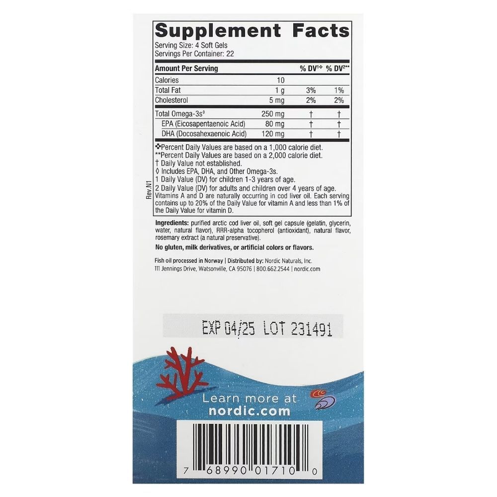 Achterkant van een NORDIC NATURALS Children's DHA verpakking met vervaldatum en barcode.
