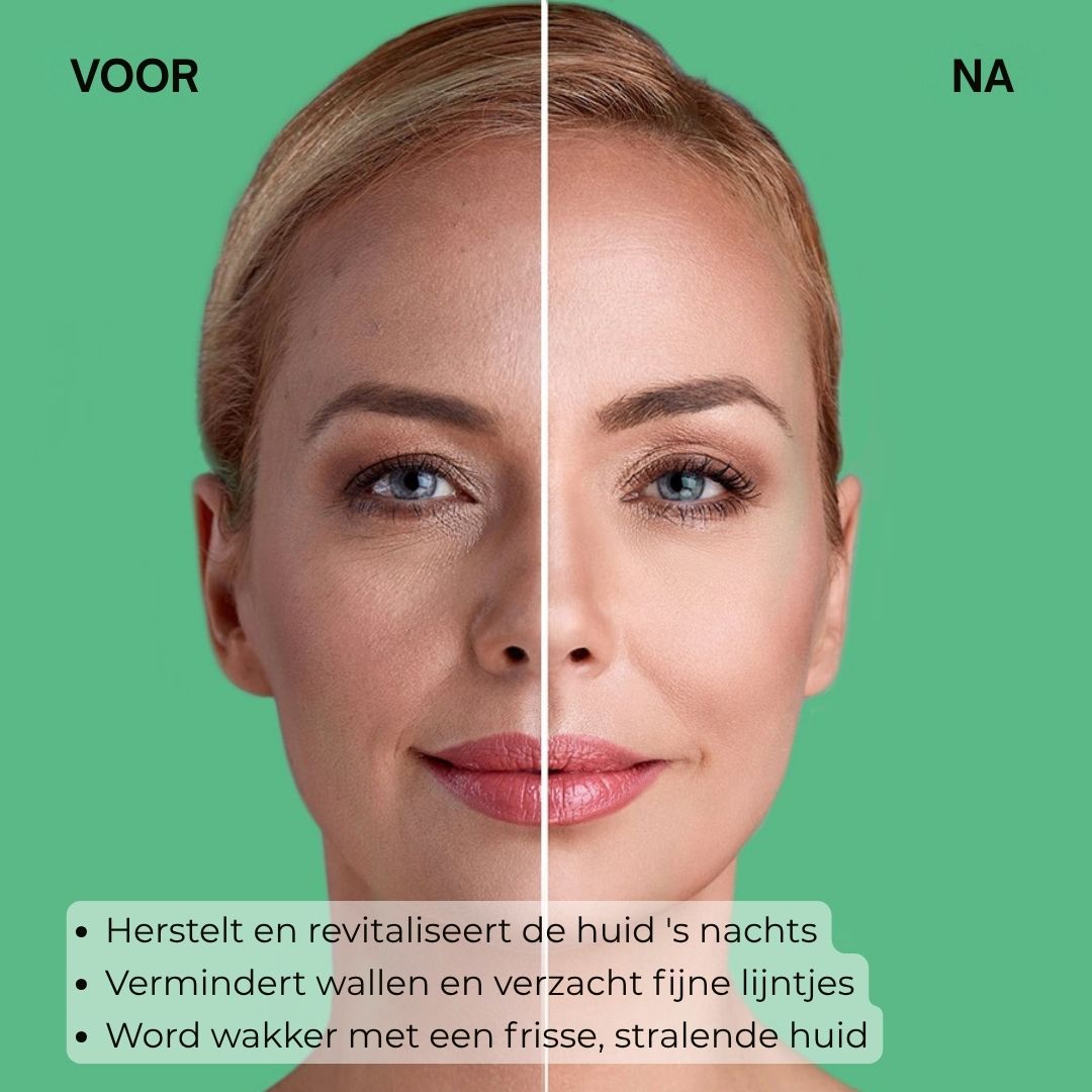 Voor-na-afbeelding van een vrouw. Tekst: Herstelt, vermindert wallen, verzacht fijne lijntjes.