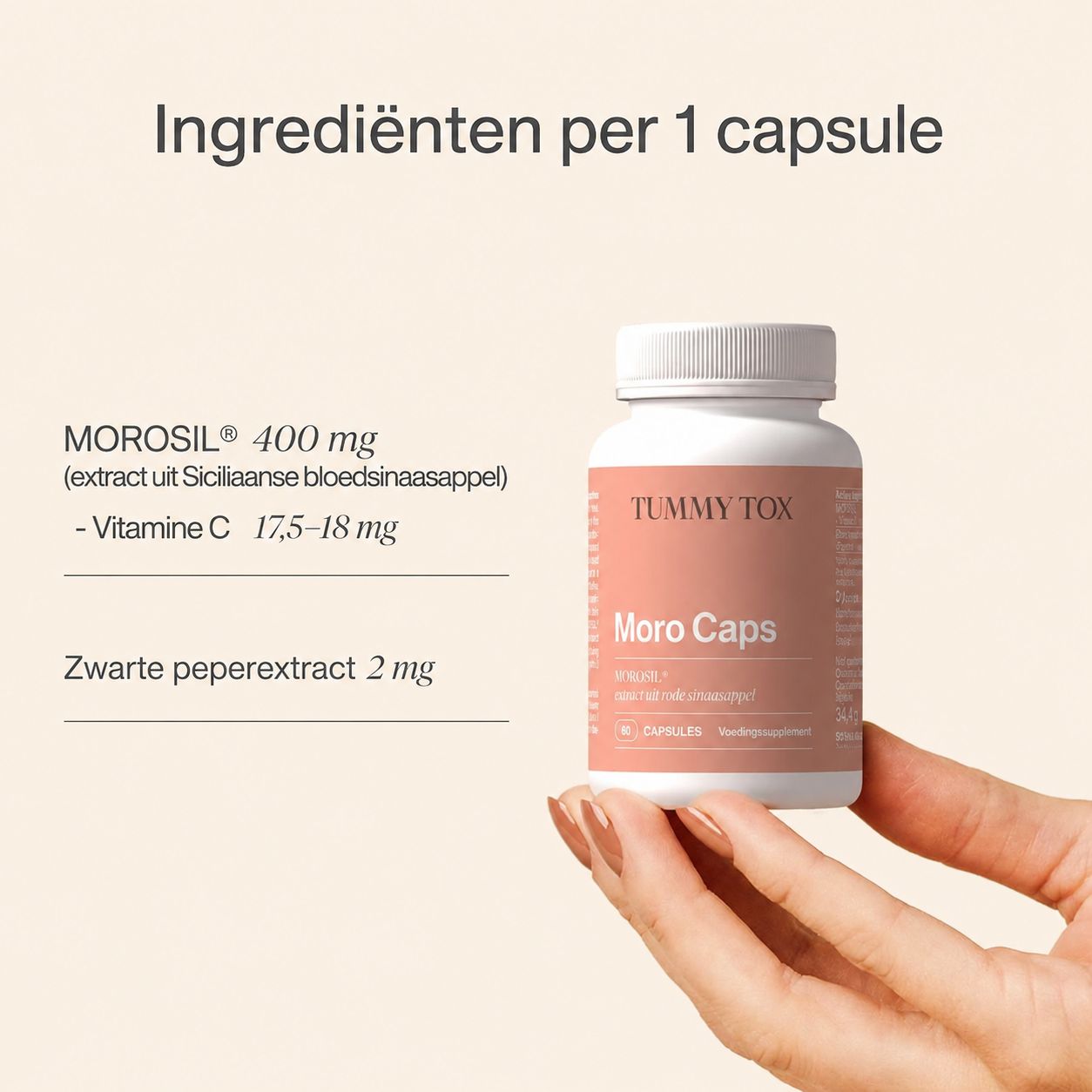 Fles Tummy Tox Moro Caps met 60 capsules. Ingrediëntenlijst: MOROSIL 400 mg, Vitamine C 17,5-18 mg, zwartepeperextract 2 mg.
