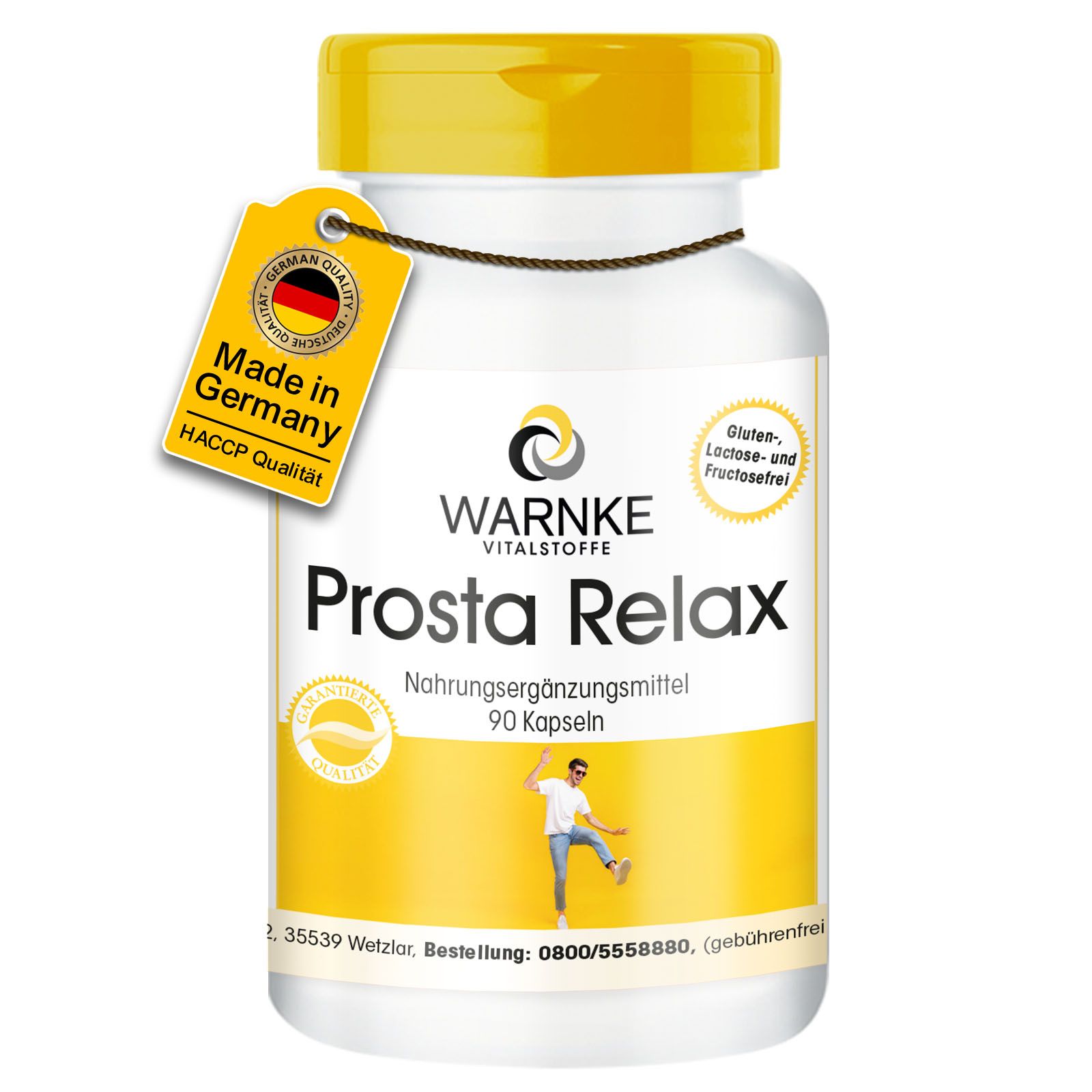 Flacon blanc avec étiquette jaune. Inscription "Prosta Relax". Label "Made in Germany". 90 gélules.