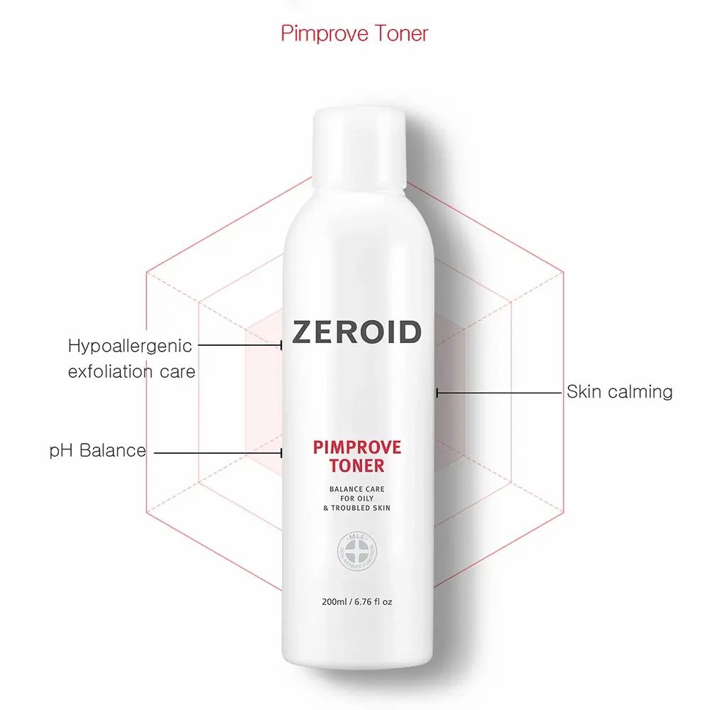Flacon blanc ZEROID Pimprove Toner avec texte et diagramme. Texte: Balance Care pour peaux grasses et à problèmes. 200ml/6.76 fl oz.