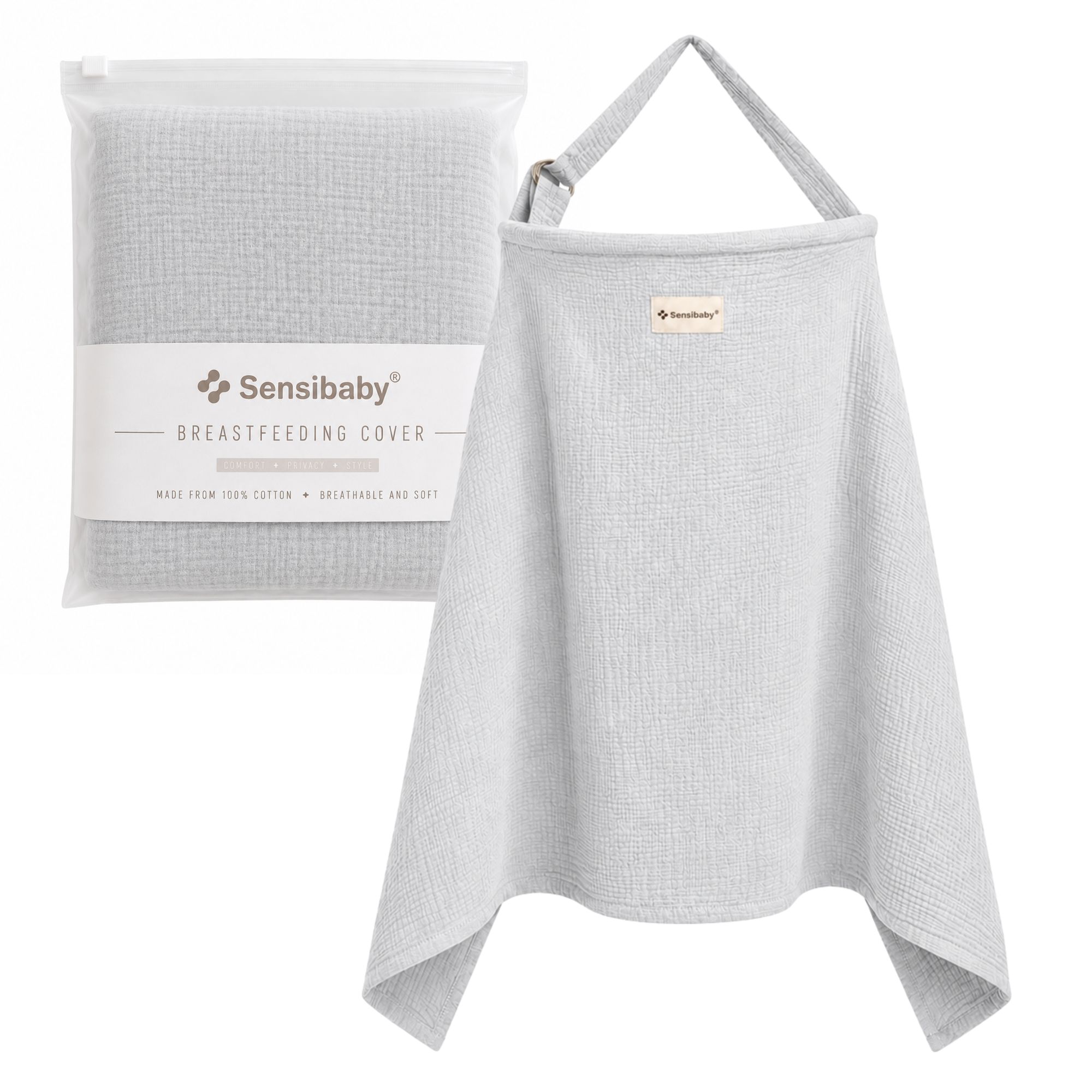 Voile d'allaitement gris en coton double épaisseur, avec sangle réglable, présenté dans un sac transparent.