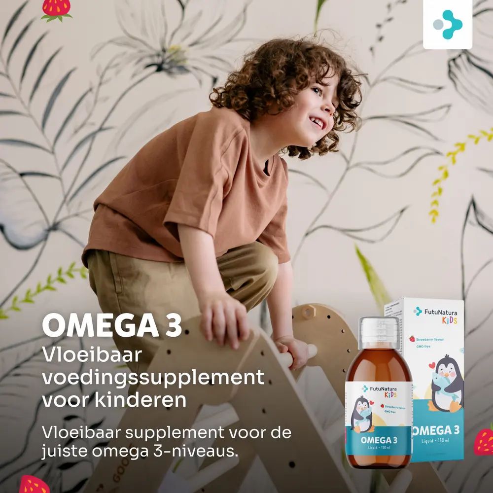 Omega 3 Vloeibaar voedingssupplement voor kinderen. Kind op een klimrek. Tekst: Voor de juiste omega 3-niveaus.