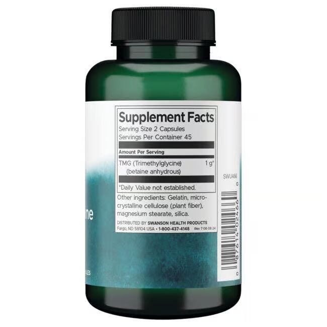 Achterkant van groene fles. Wit etiket met voedingswaarde-informatie. Bevat TMG (Trimethylglycine).