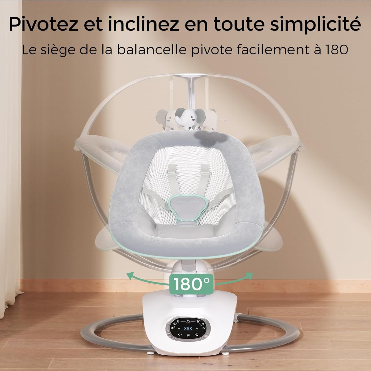 Siège de balancelle pour bébé gris avec harnais et jouets éléphants, pivotant à 180 degrés sur une base blanche.