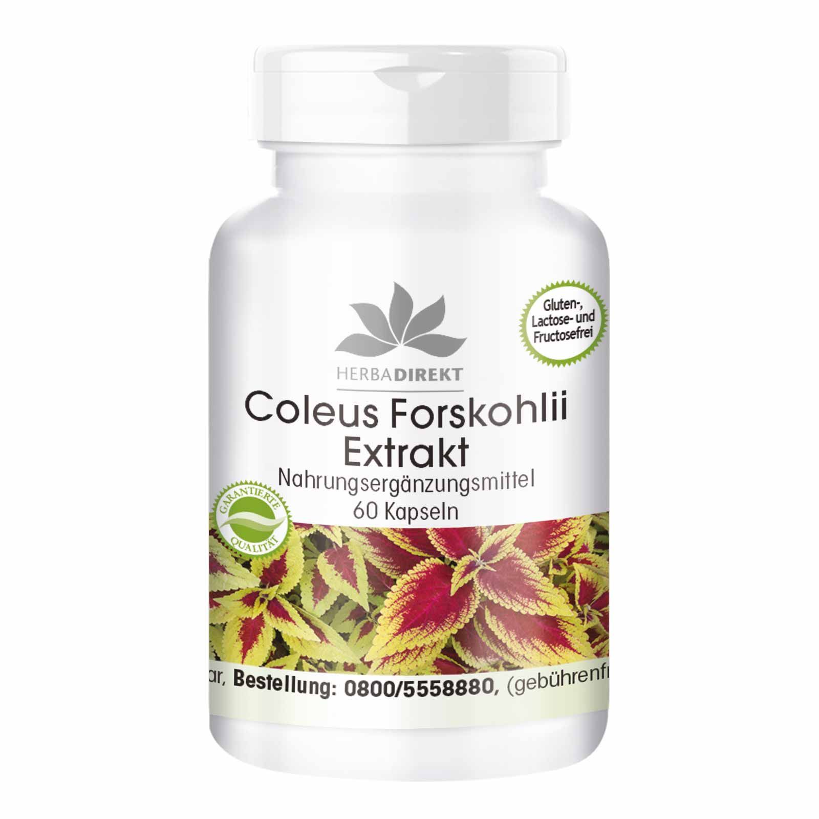 Witte capsulefles met opschrift Coleus Forskohlii Extrakt. 60 capsules. Herba Direkt logo. Glutenvrij, lactosevrij en fructosevrij.