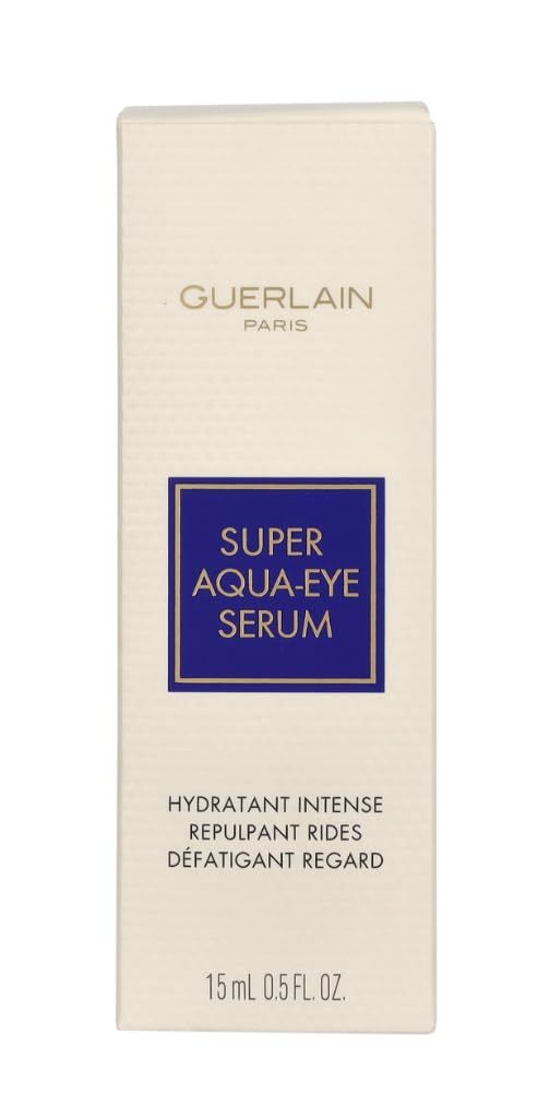 Verpakking. Opschrift: Super Aqua-Eye Serum, Hydratant Intense, Repulpant Rides, Défatigant Regard. Merk: Guerlain. 15ml 0.5 FL. OZ.