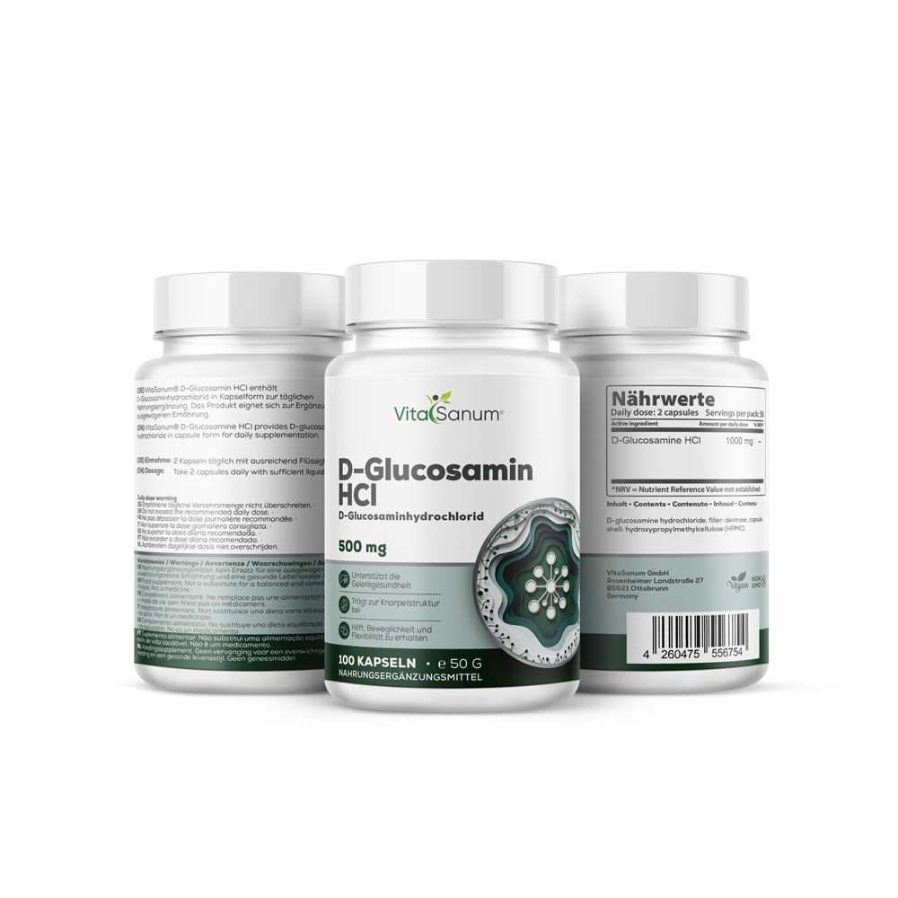 Trois flacons blancs VitaSanum D-Glucosamine HCl. Inscription : 500 mg, 100 gélules. Étiquettes vertes et blanches avec informations.