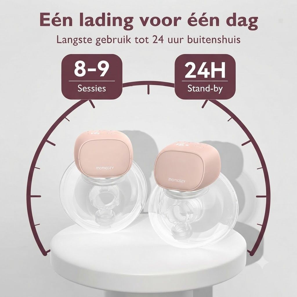 Twee roze borstkolven met doorzichtige containers, omringd door een halve cirkel tijdgrafiek.