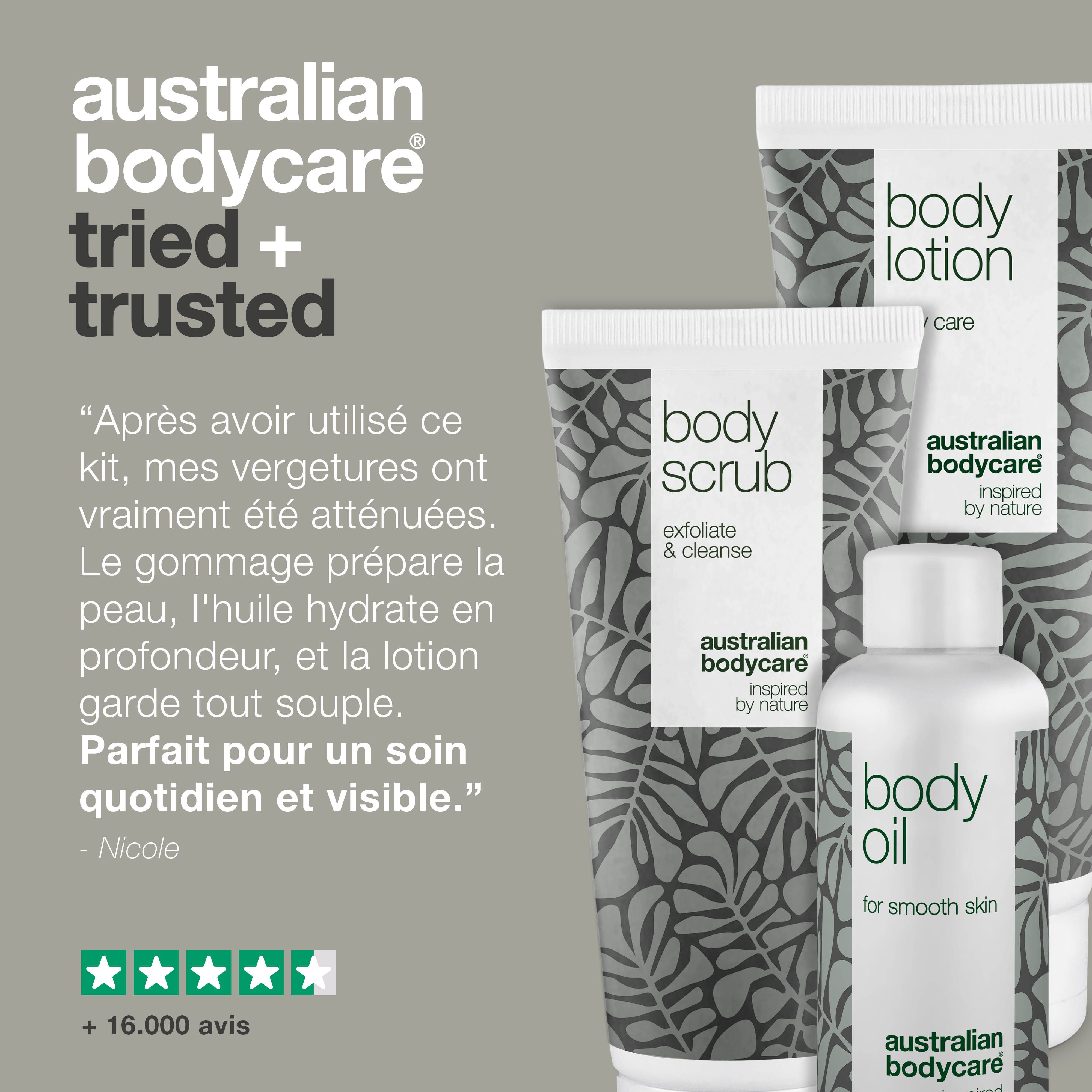 Trois produits : Body Lotion, Body Scrub, Body Oil. Tubes et flacon blancs avec motifs de feuilles grises. Texte : Australian Bodycare.