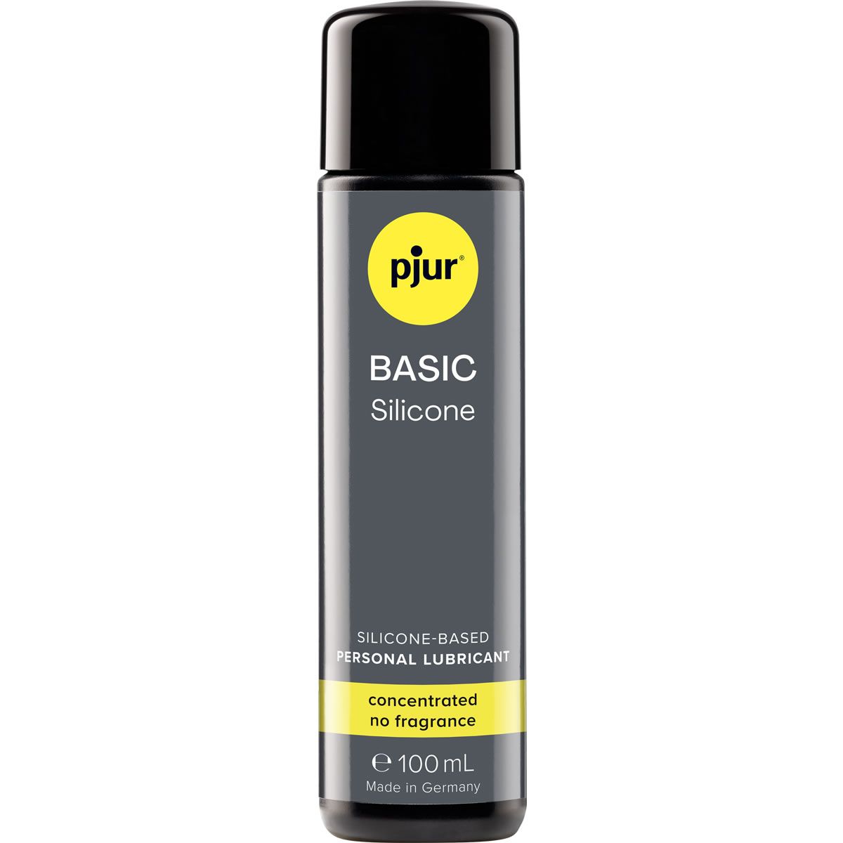 Flacon gris avec bouchon noir. Logo jaune et texte: BASIC Silicone. Inscription: SILICONE-BASED PERSONAL LUBRICANT.