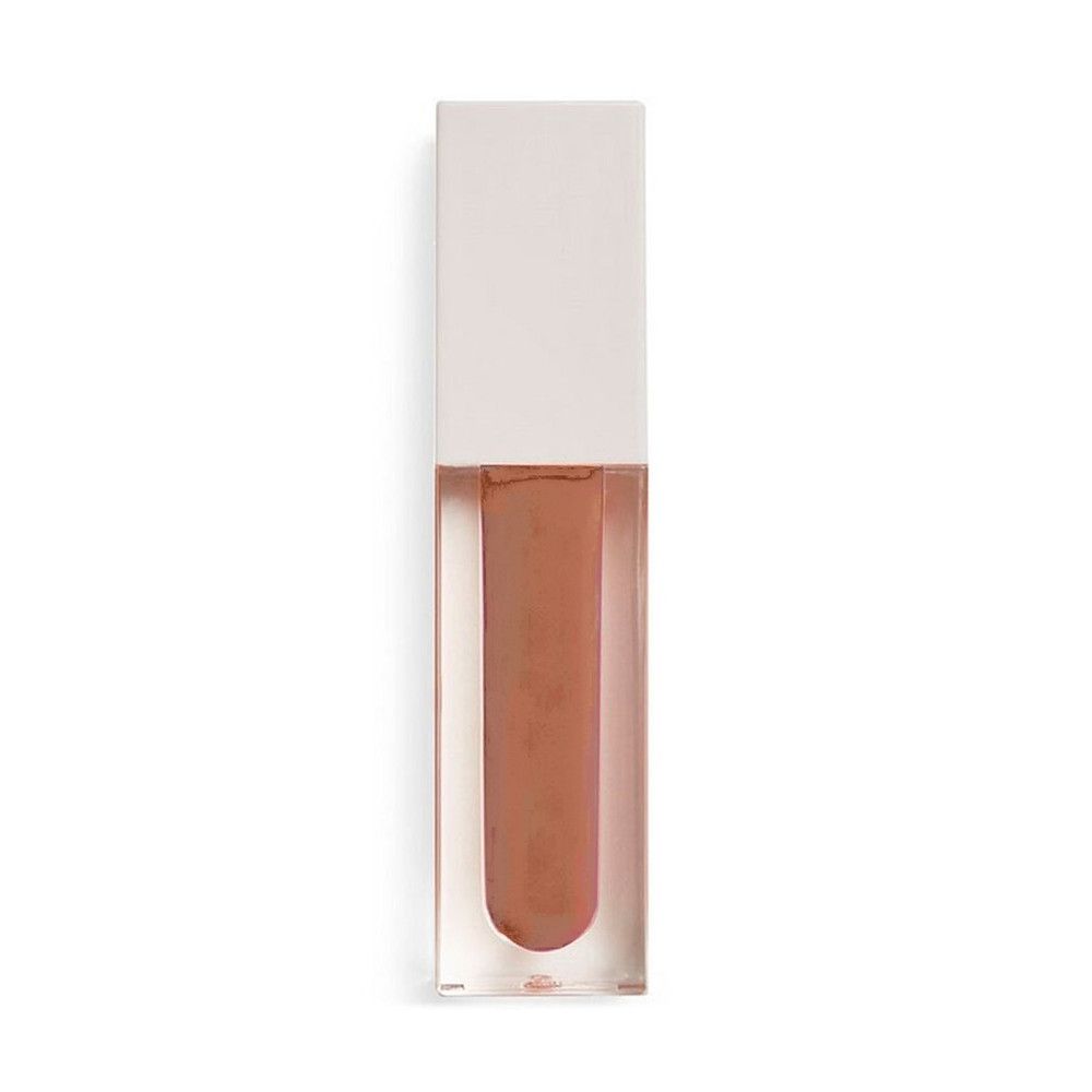 Tube de gloss transparent avec bouchon blanc. Contenu brun. Forme rectangulaire.