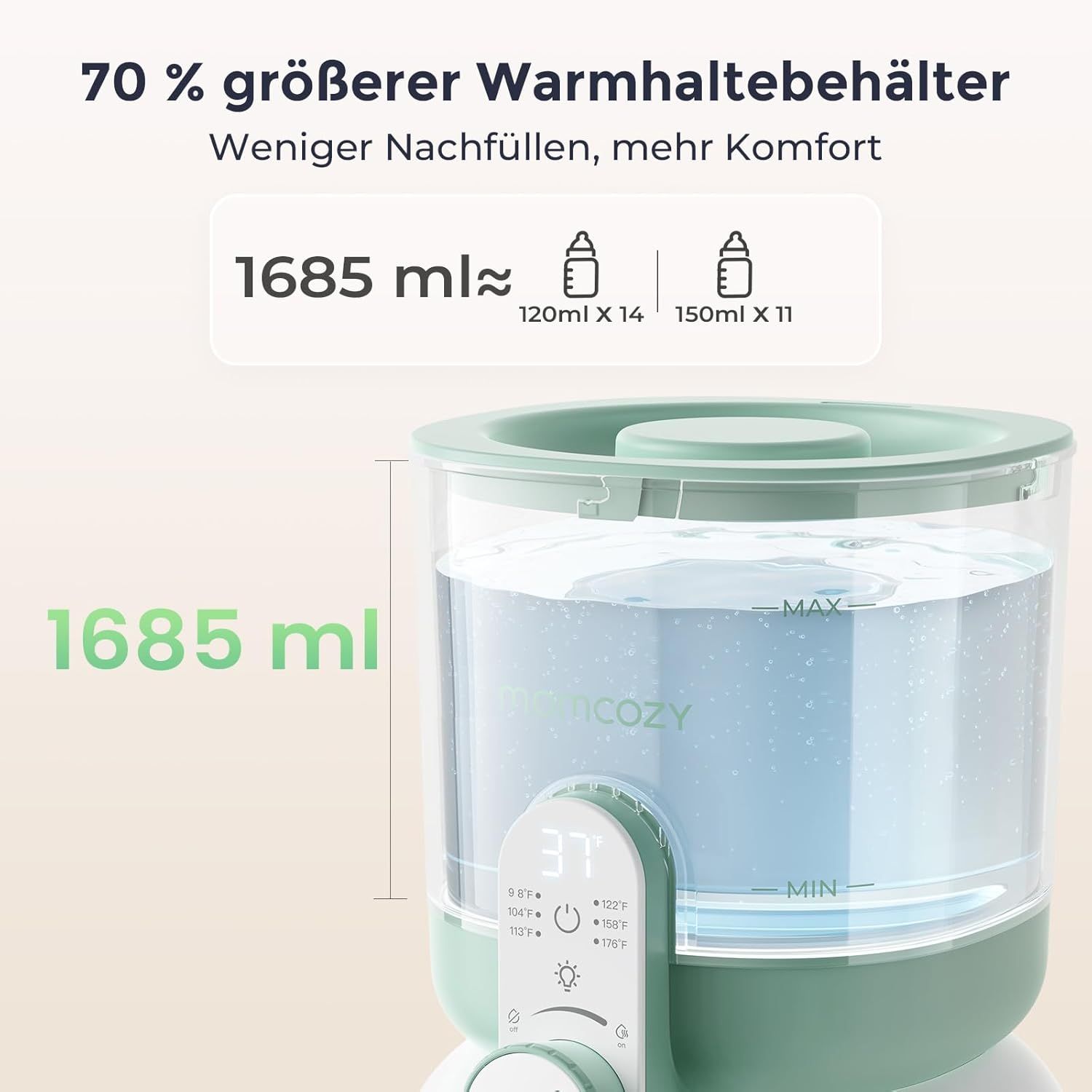 Chauffe-biberon de 1685 ml, pour 14 biberons de 120 ml ou 11 de 150 ml.