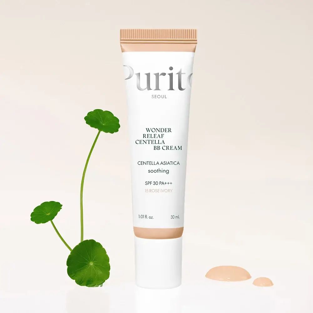 BB cream tube met Centella blad. Merk Purito, tekst: Wonder Releaf Centella BB Cream, SPF 30 PA+++, tint Rose Ivory.