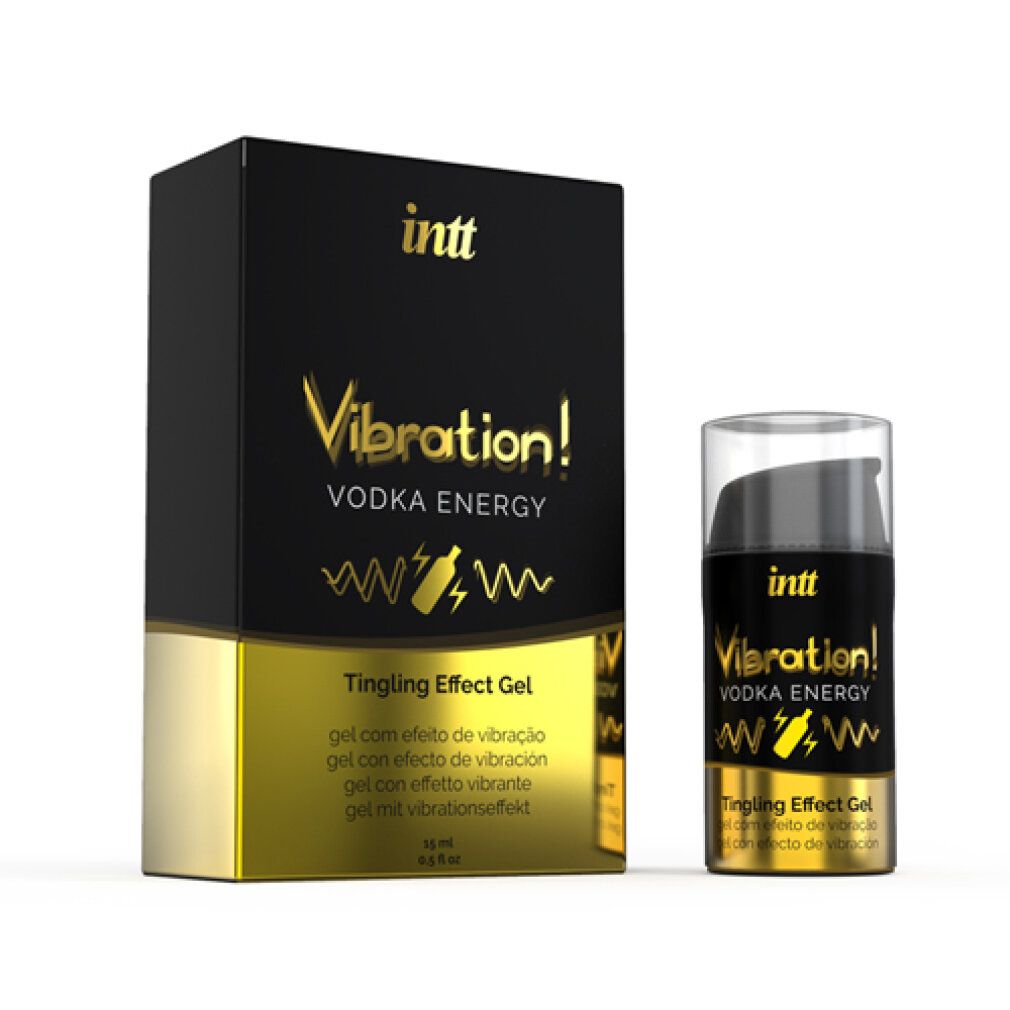 Zwarte doos en fles. Opschrift: INTT, Vibration! Vodka Energy, Tingling Effect Gel. Gouden accenten.