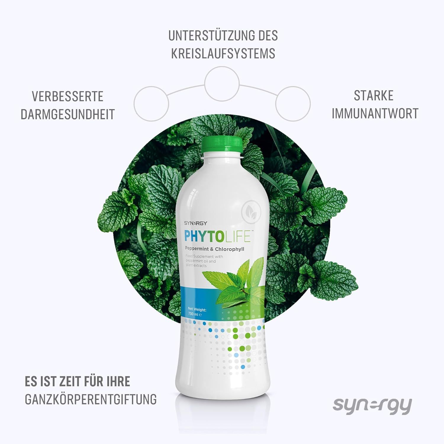 Bouteille blanche, bouchon vert. Inscription: Phytolife. Texte: Meilleure santé intestinale, forte réponse immunitaire.