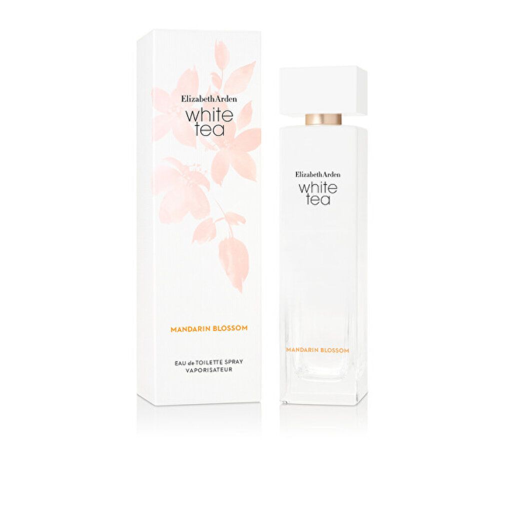 Flacon et emballage Elizabeth Arden White Tea Mandarin Blossom. Design blanc avec motif floral et nom du produit.