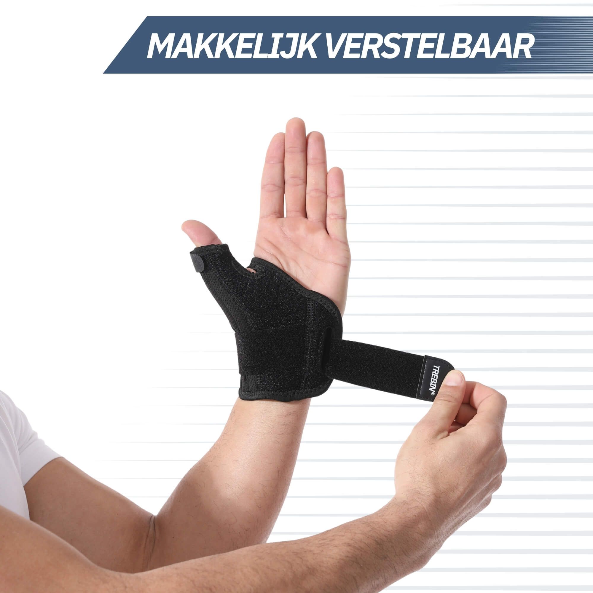 Zwarte duimbrace met klittenbandsluiting, om de pols gewikkeld.