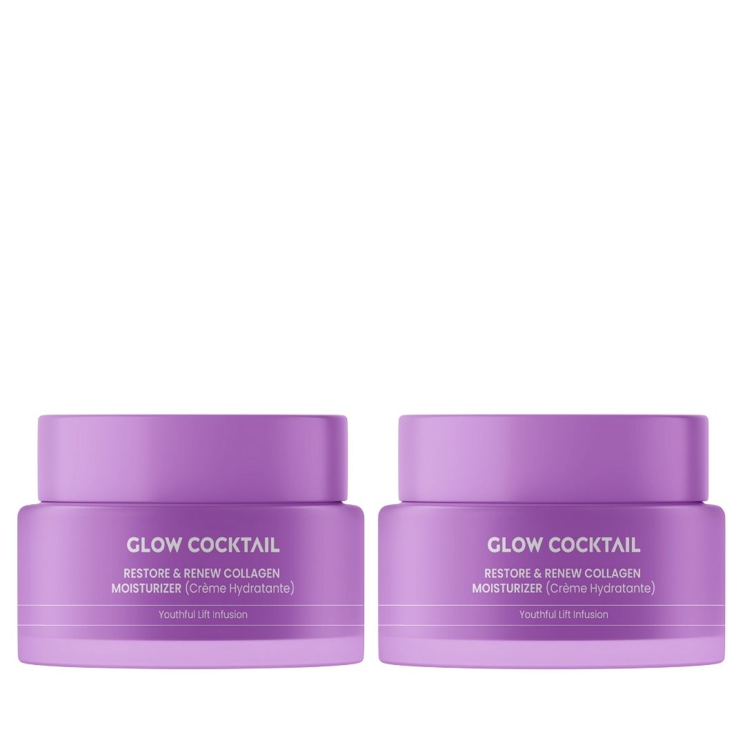 Deux pots violets avec couvercles. Chaque pot porte l'inscription "GLOW COCKTAIL RESTORE & RENEW COLLAGEN MOISTURIZER".