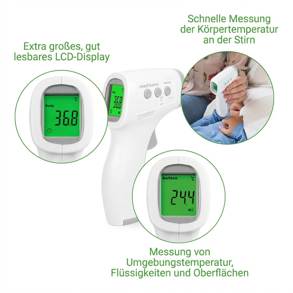 Contactloze thermometer met close-ups van het display en een toepassingsscène.