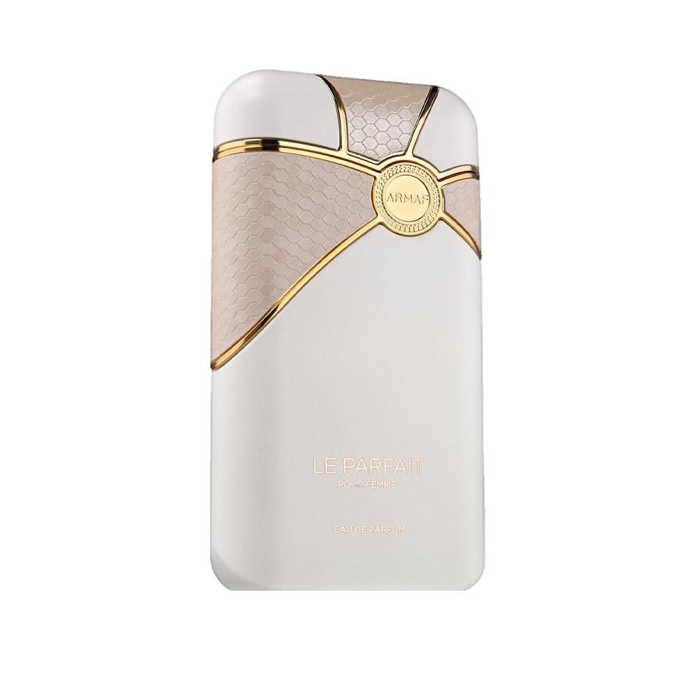 Witte parfumfles met gouden details en merknaam ARMAF. Opschrift: Le Parfait Pour Femme.
