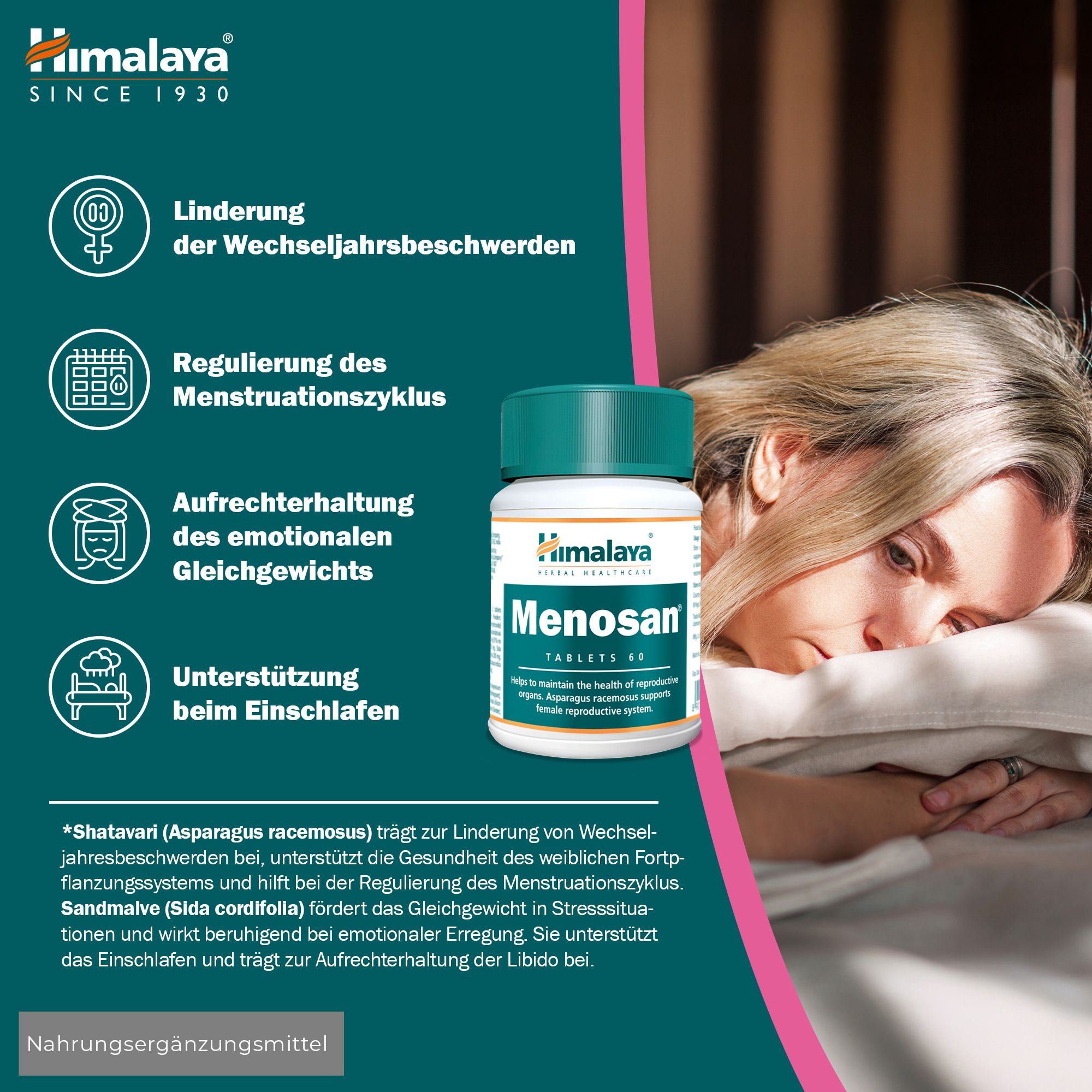Een vrouw ligt in bed, een Himalaya Menosan tabletten potje is ernaast geplaatst.