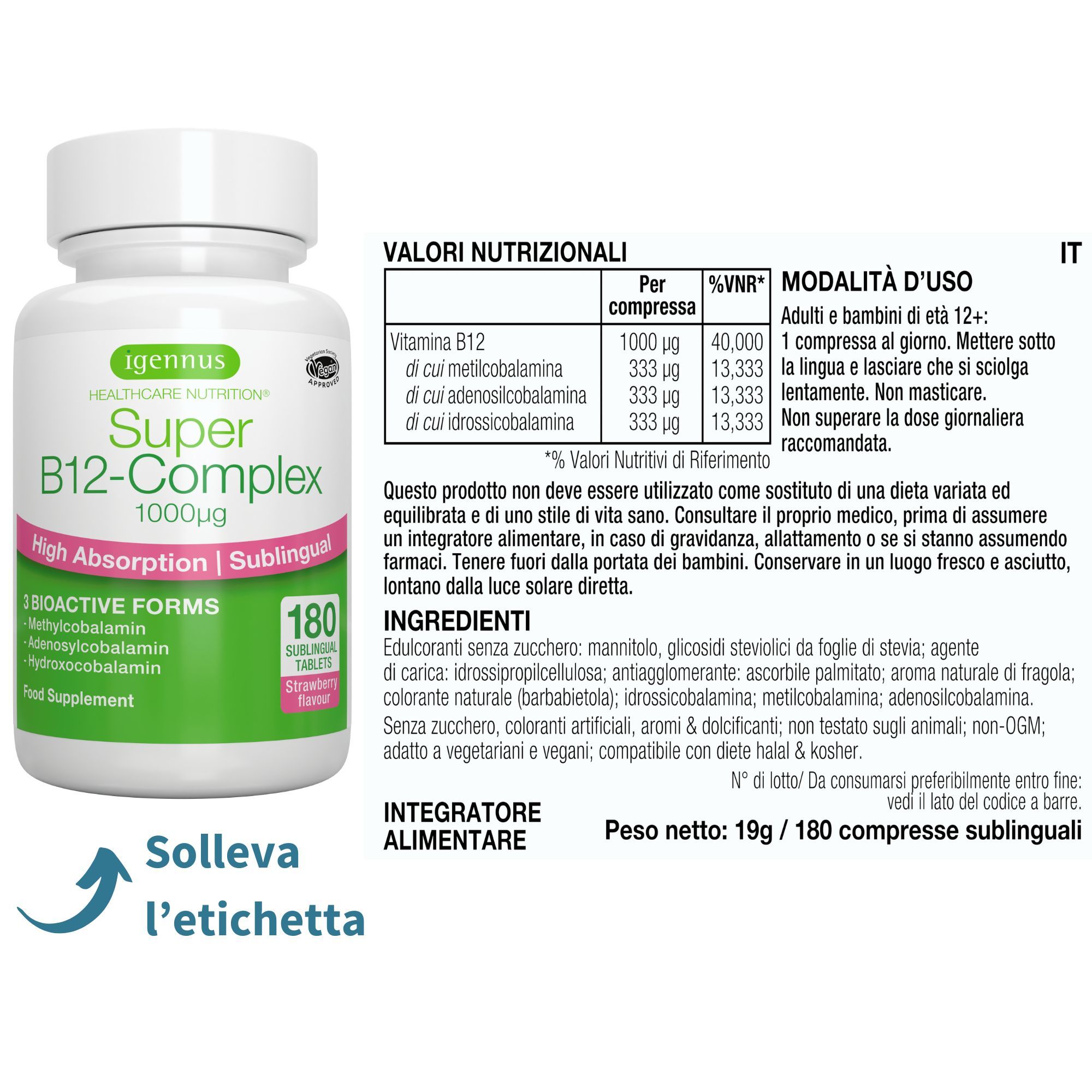 Flacon blanc avec étiquette. Texte : Super B12-Complex, 1000mcg, 180 comprimés. Informations nutritionnelles et utilisation.