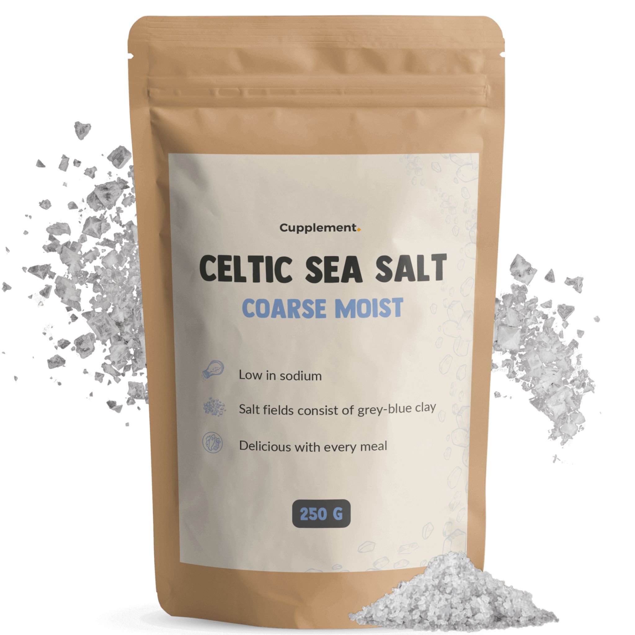 Sachet de sel marin celtique Cupplement, grossier, humide. 250 g. Texte : faible en sodium, champs de sel en argile gris-bleu.